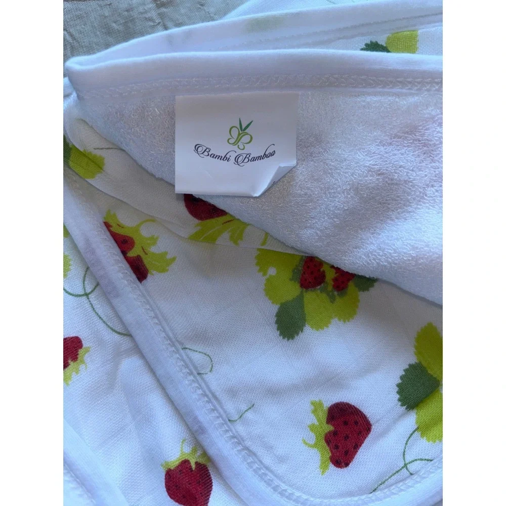 Bambi Bamboo Hooded Baby Towel Strawberry Print White Red Hypoallergenic NEW